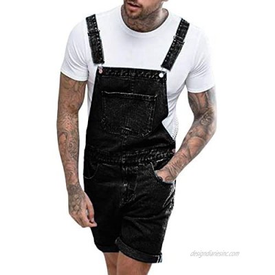Angeun Mens Denim Shorts Overall Loose Fit Denim Distressed Bib Jumpsuit Jeans with Pockets