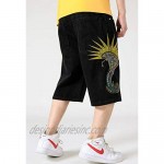 QBO Plus Size Men's Embroidery Shorts Jeans Relaxed Fit Denim Shorts Work Washed Black