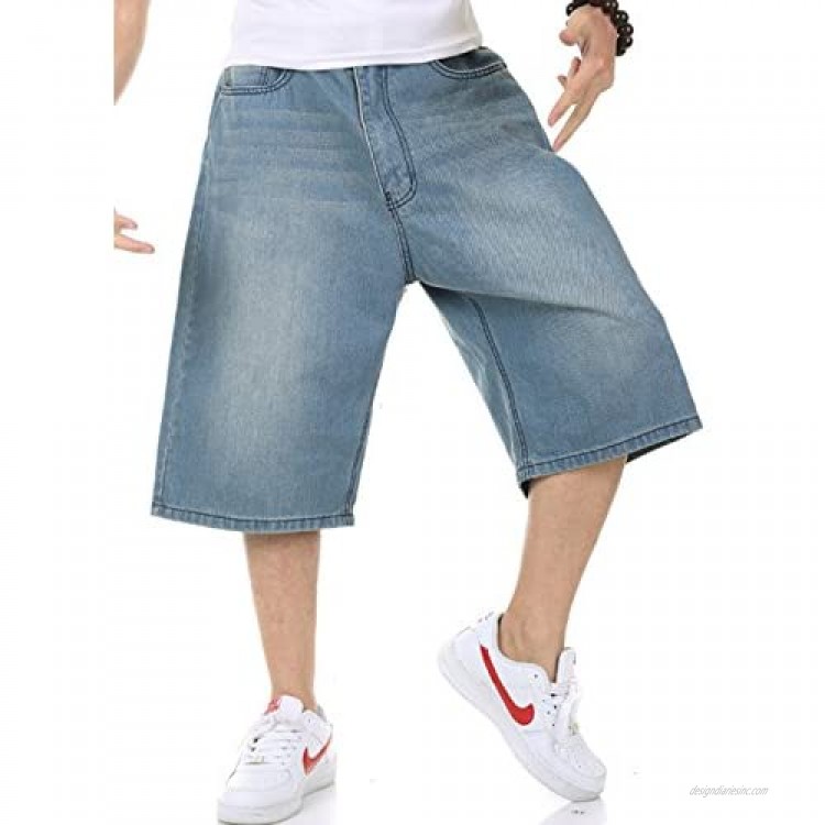 SWORLD-men Hip-hop Washed Blue Baggy Short Jeans Relaxed Fit Denim Jean Shorts