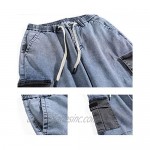 Yeokou Men's Casual Loose Denim Cargo Drawstring Jeans Bermuda Shorts Capri Pants