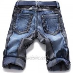 Yiqinyuan Men Casual Denim Stylish Elastic Ripped Mid Waist Slim Fit Patchwork Knee-Length Denim Short Pockets