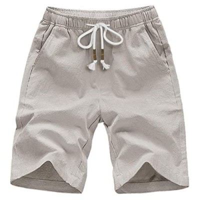 CRYSULLY Men's Casual Cotton Linen Shorts Classic Fit Beach Shorts with Pockets