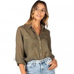 CAMIXA Womens 100% Linen Shirt Blouse Casual Pocket Button Down Tops Long Sleeve