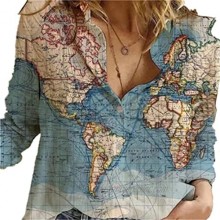 FRMUIC Women's Lapel Button Shirt World Map Print Long Sleeve Loose Casual Top