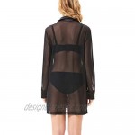 Kate Kasin Women’s Sexy Sleep Shirts Mesh Long Sleeve Swimwear Cover Up Sheer Blouse Lingerie S-XXL