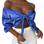 Women Satin Silk Off Shoulder Crop Top Cropped Half Sleeve Bow Tie Tee Shirt Blouse for Cocktail Party Clubwear