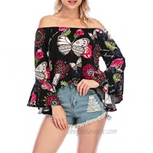Women's Sexy Off The Shoulder Tops Floral Print Elastic Neckline Flare Sleeve T-Shirt Blouses