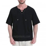 Mens Hippie Shirts Lace Up V Neck Tunics Linen Cotton Yoga Beach Short Sleeve Tops Black X-Large