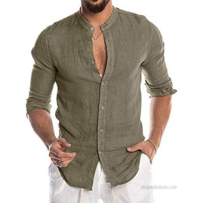 Mens Linen Henley Shirts Long Sleeve Summer Casual Button Down Casual Shirts Top