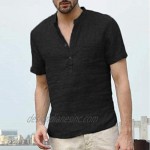 Mens Short Sleeve Henley Shirts Summer Cotton Linen Beach Yoga Loose Fit Tops with Pocket