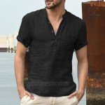 Mens Short Sleeve Henley Shirts Summer Cotton Linen Beach Yoga Loose Fit Tops with Pocket