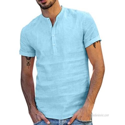 Men's Shorts Sleeve Henley Shirts Casual Cotton Vintage Beach Button Loose Slim Fit Tops
