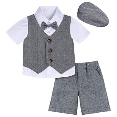 A&J DESIGN Baby Boys Suit Gentleman Shorts Sets  4pcs Outfit Shirt & Shorts & Vest & Hat