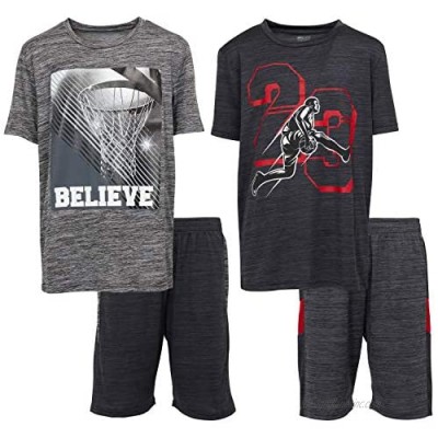 Boys Youth Athletic Active Performance Sports 4 Piece Graphic T-Shirt Top and Basketball Short Set