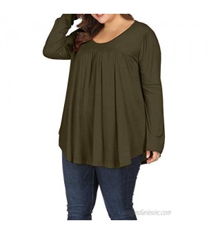 Allegrace Women Plus Size Casual Pleated Long Sleeve Blouse Top Round Neck Flowy T Shirts