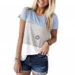 Beyove Womens Casual Triple Color Block Striped T-Shirt Short Sleeve Round Neck T Shirts Blouses Tops