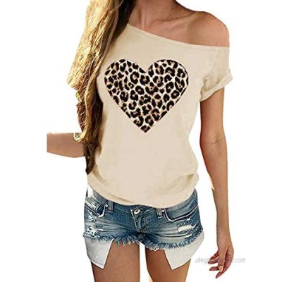 SENSERISE Womens Casual Leopard Heart T Shirt Off The Shoulder Tops Love Short Sleeve Shirts