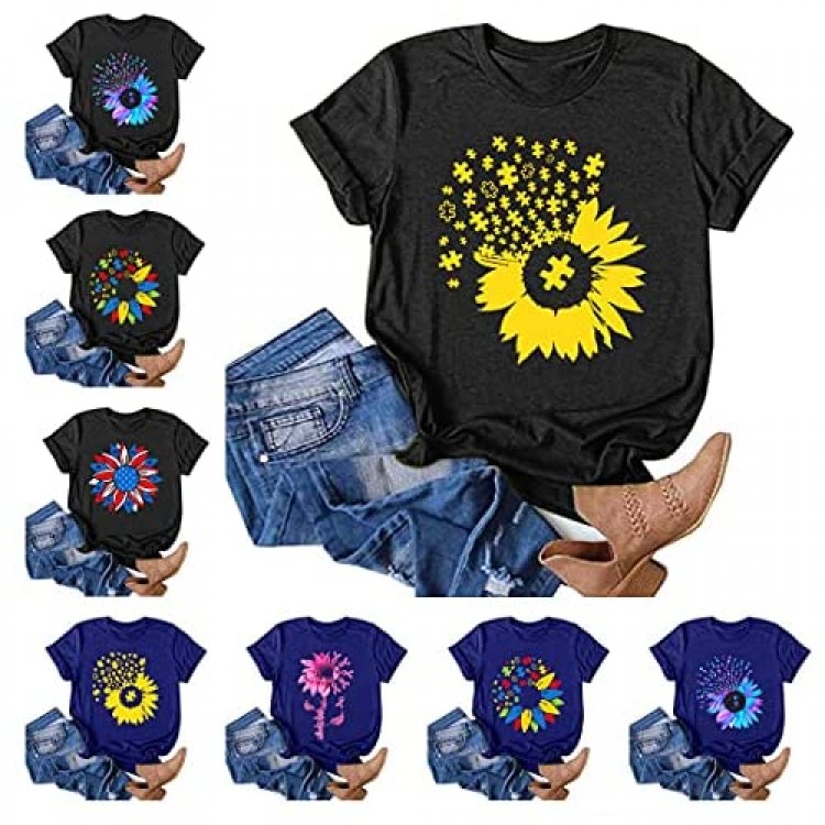 Women Tops Summer Casual Short Sleeve Sunflower Graphic Tees Workout Shirts Blouses Womens Tshirts Loose Fit