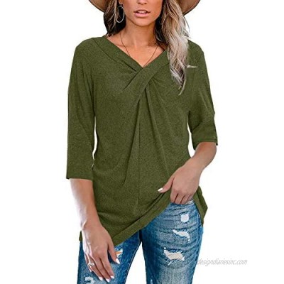 Womens 3/4 Sleeve V Neck T-Shirts Plus Size Cross Knot Casual Solid Color Loose Tee Tunic Tops