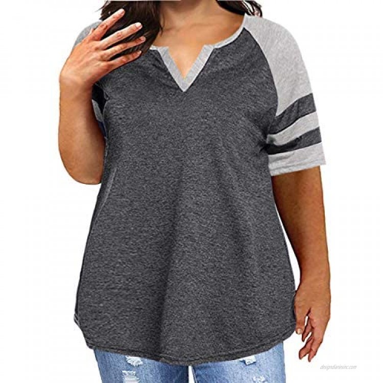 Womens Raglan Short Sleeve T Shirt Plus Size Casual V Neck Striped Loose Baseball Tee Tops