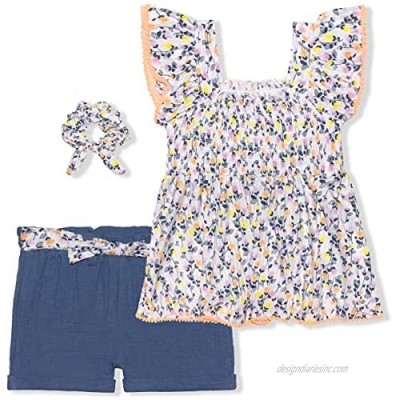 Nannette Girl's 2 Pack Ruffled Shirt or Smock Blouse and Shorts Set with Hair Scrunchie