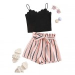 Romwe Girl's Cute 2PC Scallop Trim Cami Top & Paperbag Waist Belted Shorts Summer Set