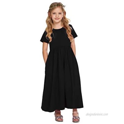 Arshiner Girls Short Sleeve Maxi Dress Solid Long Maxi Dress with Pockets