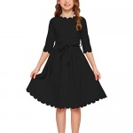 GORLYA Girl's 3/4 Sleeve Casual Scalloped Edge A-line Belted Dress with Pockets for 4-14T Kids