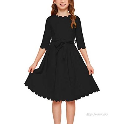 GORLYA Girl's 3/4 Sleeve Casual Scalloped Edge A-line Belted Dress with Pockets for 4-14T Kids