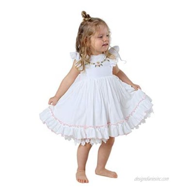 JannyBB Girl Dress  Embroidered Lace Hem  Spoon Collar  Ruffle Sleeve  Cotton Kids Vintage Clothing