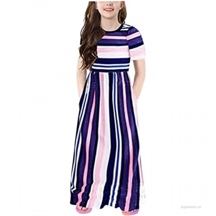 Miss Bei Girl's Summer Short Long Sleeve Stripe Holiday Dress Maxi Dress with Pocket Size 3-16T