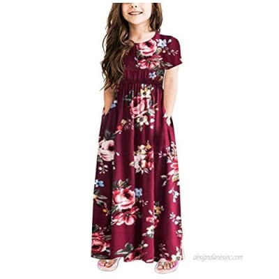 MITILLY Girls Flower 3/4 Sleeve Pleated Casual Swing Long Maxi Dress with Pockets