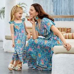 PopReal Mommy and Me Dresses Boho Casual Maxi Dress Summer Short Dress V Neck Wrap Floral Print Short Sleeve