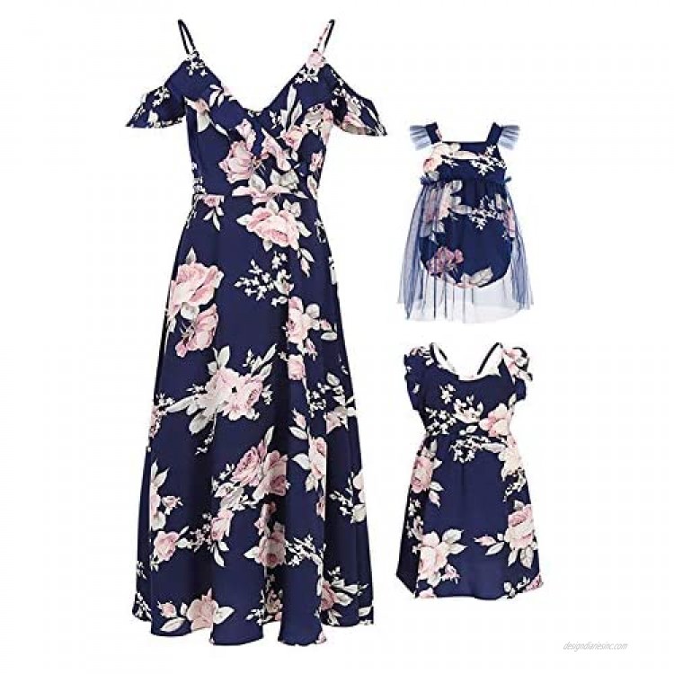 PopReal Mommy and Me Dresses Floral Print Cold Shoulder Ruffle Backless Strap Romper Beach Midi Dress Summer