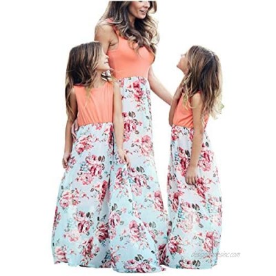 Qin.Orianna Mommy and Me Matching Maxi Dresses Sleeveless Top Bohemia Floral Printed Matching Outfits with Pockets