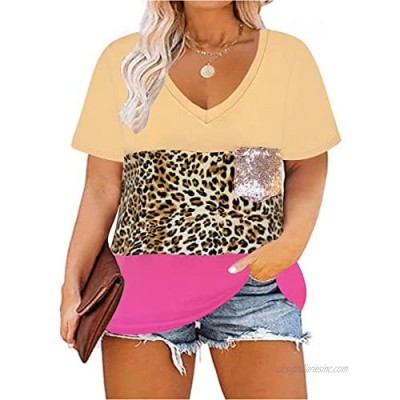 CARCOS Plus Summer Tops Women Color Block Blouse Short Sleeve Crew Neck Casual Shirt XL-5XL