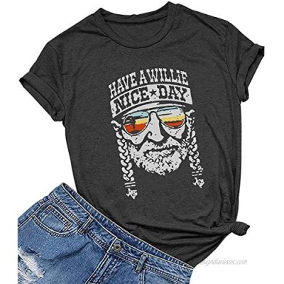 KIDDAD Women's Have a Willie Nice Day Shirt Letter Print Graphic T-Shirt Short Sleeve Sunset Shades Casual Tee Tops