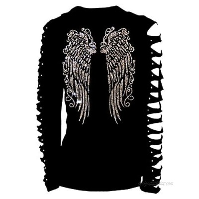 Long Angel Wings Bling Bling Rhinestones T-Shirt Ripped Cut Out Long