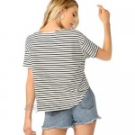Romwe Women's Striped Short Sleeve Drop Shoulder Curved Hem Summer Tee Tops