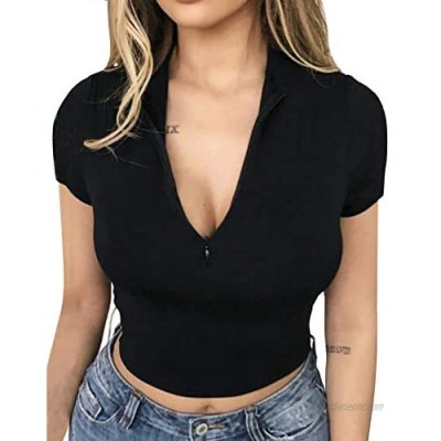 SKYVOICE Women's Sexy Zip Up Crop Top Long/Short Sleeve Deep Neck Casual Basic T Shirt