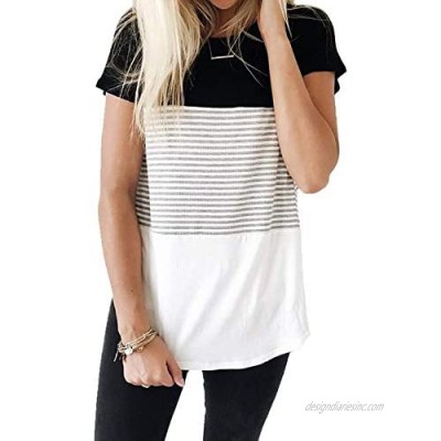SMALOVY Women's Triple Color Block Stripe T Shirt Short Sleeve Casual Loose Fit Tee