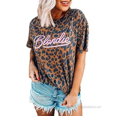 Women's Leopard Print T-Shirt Blondie Shirts Letter Printed Cute Short Sleeve Tees Tops