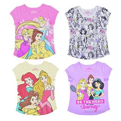 Disney Princess Girl's 4 Pack Short Sleeves Tee Shirt Set  Fashionable Bundle for Kids