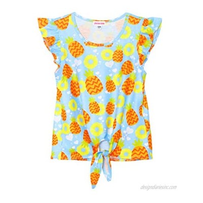 JESKIDS Girls Short Sleeve Shirts Ruffle Tie Front Fruit Print Summer Tee Tank Tops 3-11 Years