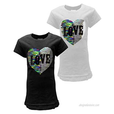 MISS POPULAR 2-Pack Girls' Short Sleeve Flip Sequin T-Shirt Cute Reversible Love Heart | Sizes 7-16
