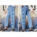NABER Kids Girls Casual Wide Leg Denim Pants Heart Pattern Elastic Waist Jeans Size 4-14 Years