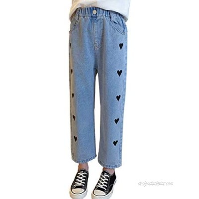 NABER Kids Girls Casual Wide Leg Denim Pants Heart Pattern Elastic Waist Jeans Size 4-14 Years