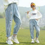 YaYabroe 4-14 yrs Kids Girls Jeans Ripped Distressed Denim Pants Elastic Waist Baggy Trousers