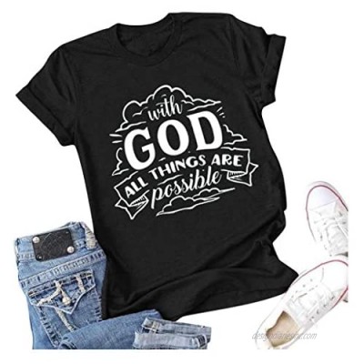Christian Shirts for Women Faith Graphic Tees with GOD All Things are Possible Inspirational Sayings Tops