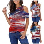 FABIURT Off Shoulder Shirts for Womens 4th of July T-Shirt O-Neck Short Sleeve American Flag Print Cold Shoulder Tops